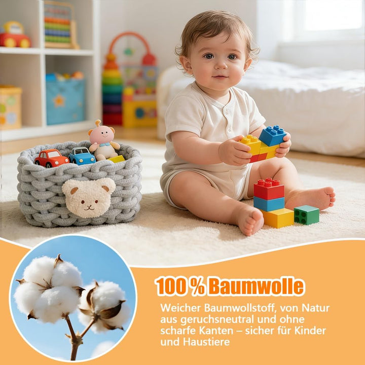 2 Stück Aufbewahrungskorb Geflochten mit Bärenmotiv Baumwolle Strickkorb, Häkelkorb, Klein Organizer