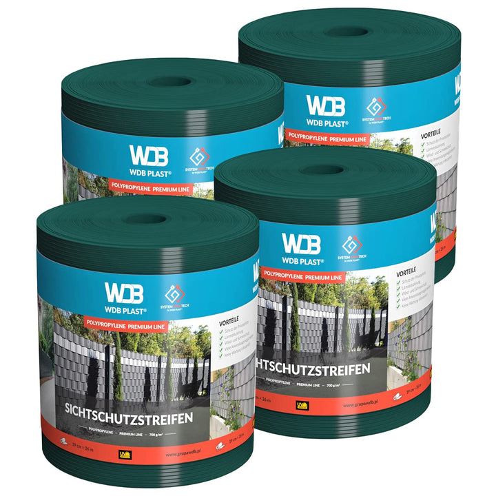 WDB - Sichtschutzstreifen für Doppelstabmatten Sichtschutz Zaun - Set 4X 26 m x 19 cm - Hart PP Wind