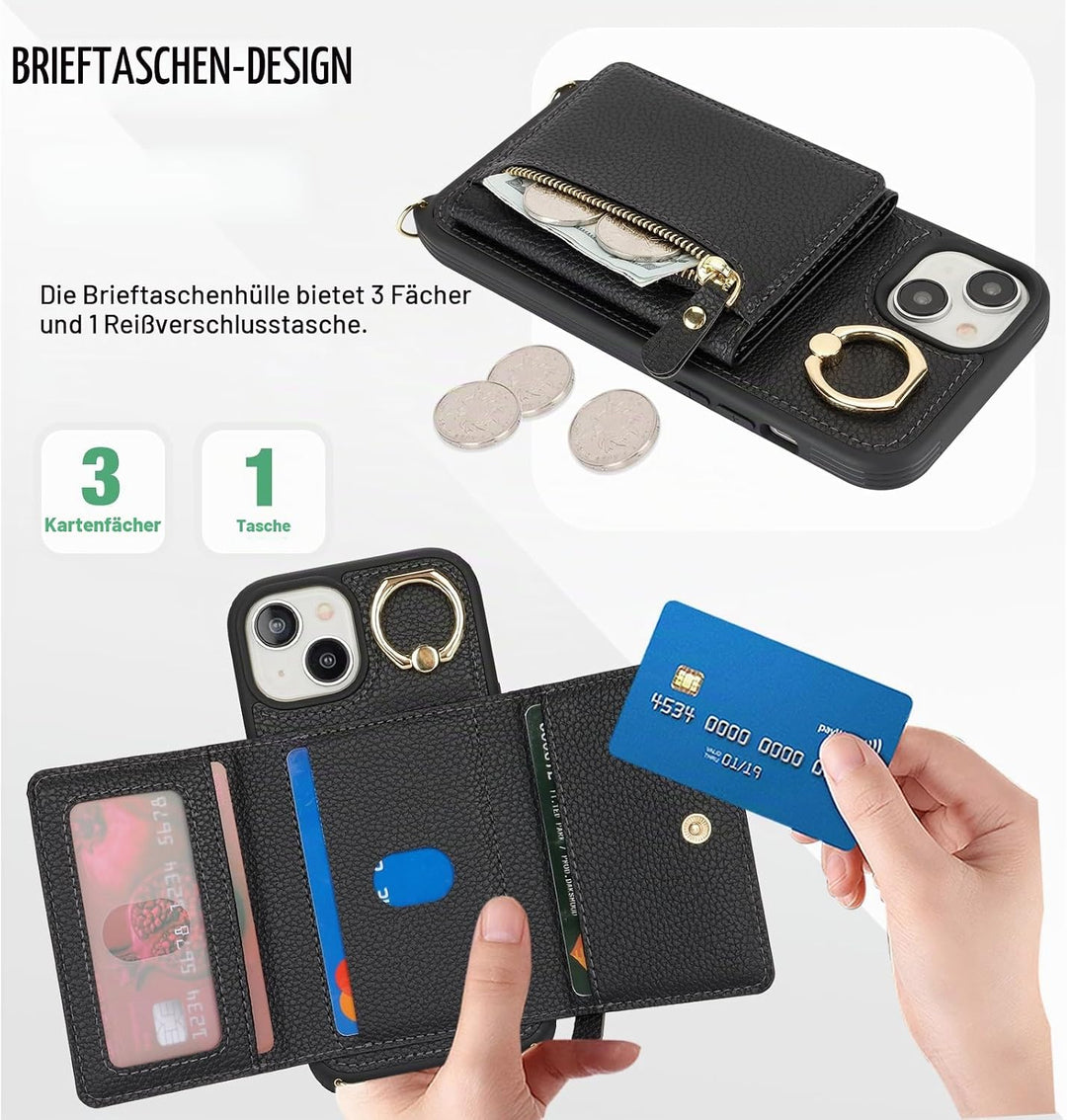 ELTEKER Handyhülle für iPhone 13 Mini Hülle mit Band Kartenfach Ringhalterung Geldbörse,Leder Klapph