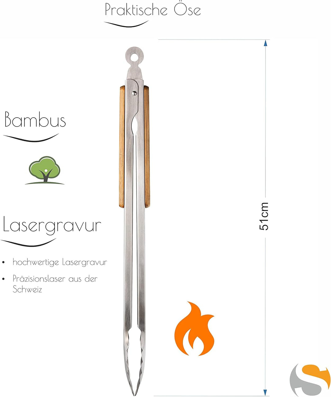 Schmalz® Grillzange Terra mit Gravur | Bambus/Edelstahl | personalisiert | Grillbesteck | extra lang