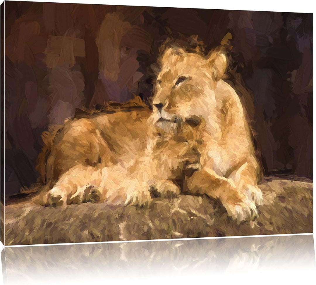 Pixxprint Löwe kuschelt mit seinem Löwenjungen Kunst Pinsel Effekt, Format: 100x70 auf Leinwand, XXL