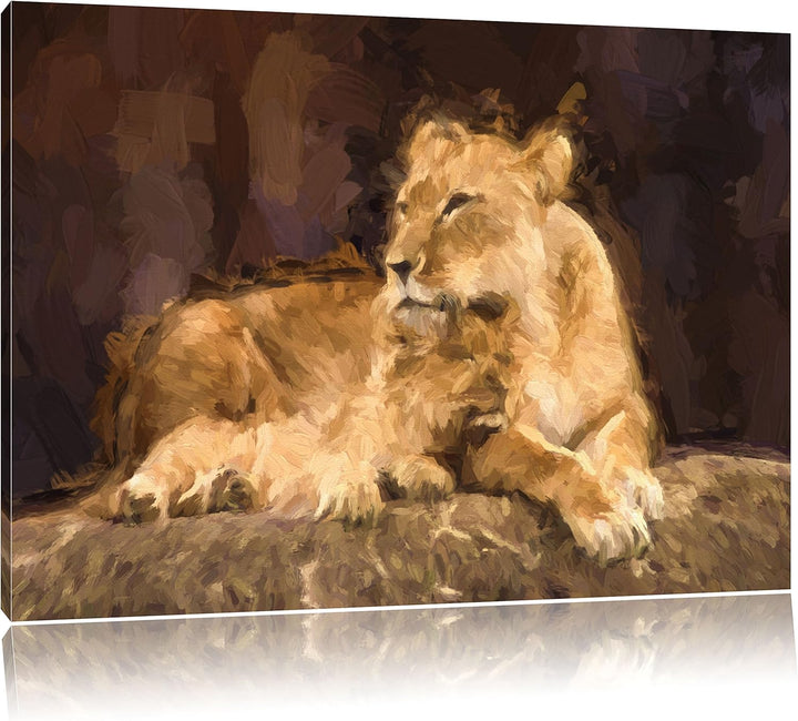 Pixxprint Löwe kuschelt mit seinem Löwenjungen Kunst Pinsel Effekt, Format: 100x70 auf Leinwand, XXL