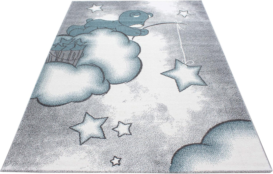 SIMPEX Teppich Kinderzimmer Bär-Himmel Wolken Sterne Design Kurzflor Kinderteppich mädchen Spieltepp