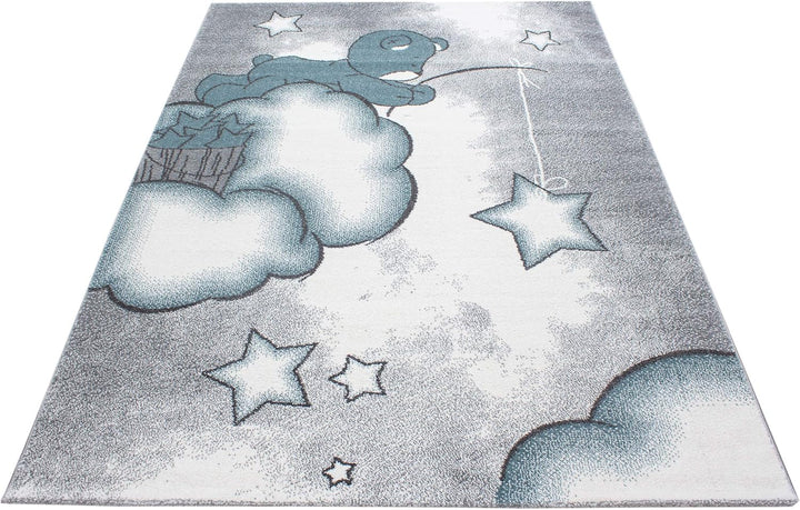 Teppium Kinderteppich für Jungen und Mädchen Bär Muster 80 x 150 cm Blau - Kurzflor Waschbarer Teppi