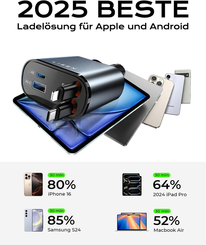 LISEN 69W Einziehbares Zigarettenanzünder USB C Schnellladegerät Ladegerät Auto Retractable ladekabe