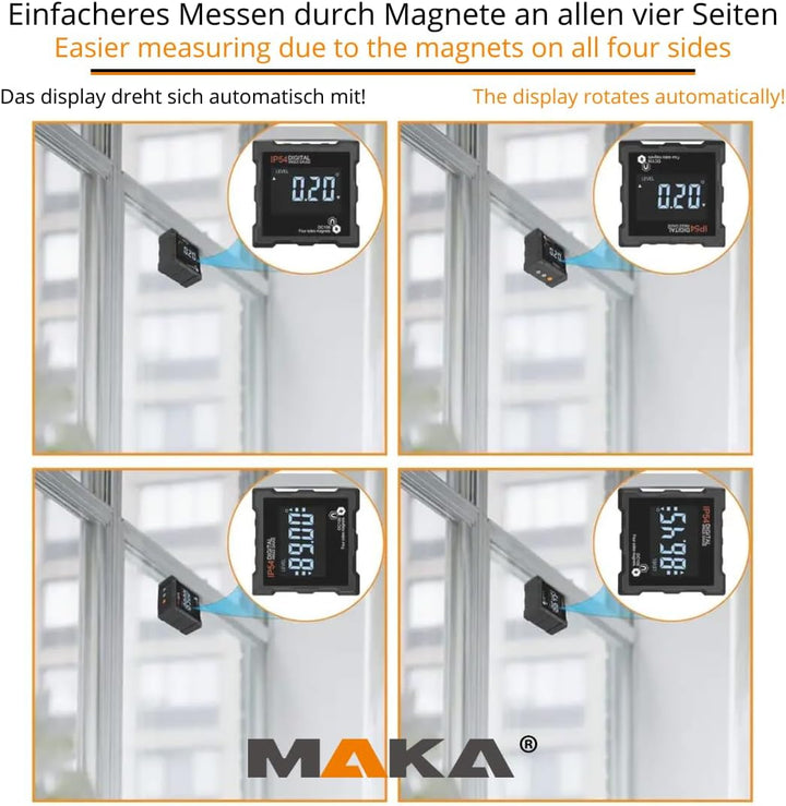MAKA Digitale Neigungsmesser - Genauigkeit von 0,1° bis 0,2° - Magneten auf allen Seiten - Helles LC