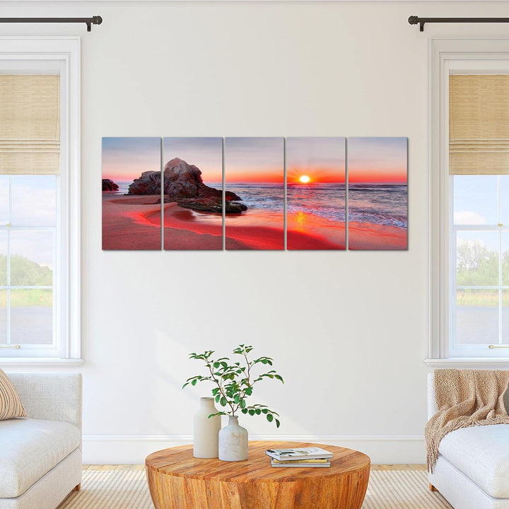 Runa Art Wandbild XXL Sonnenuntergang Strand Schlafzimmer Wohnzimmer 200 x 80 cm Rot 5 Teilig - Made