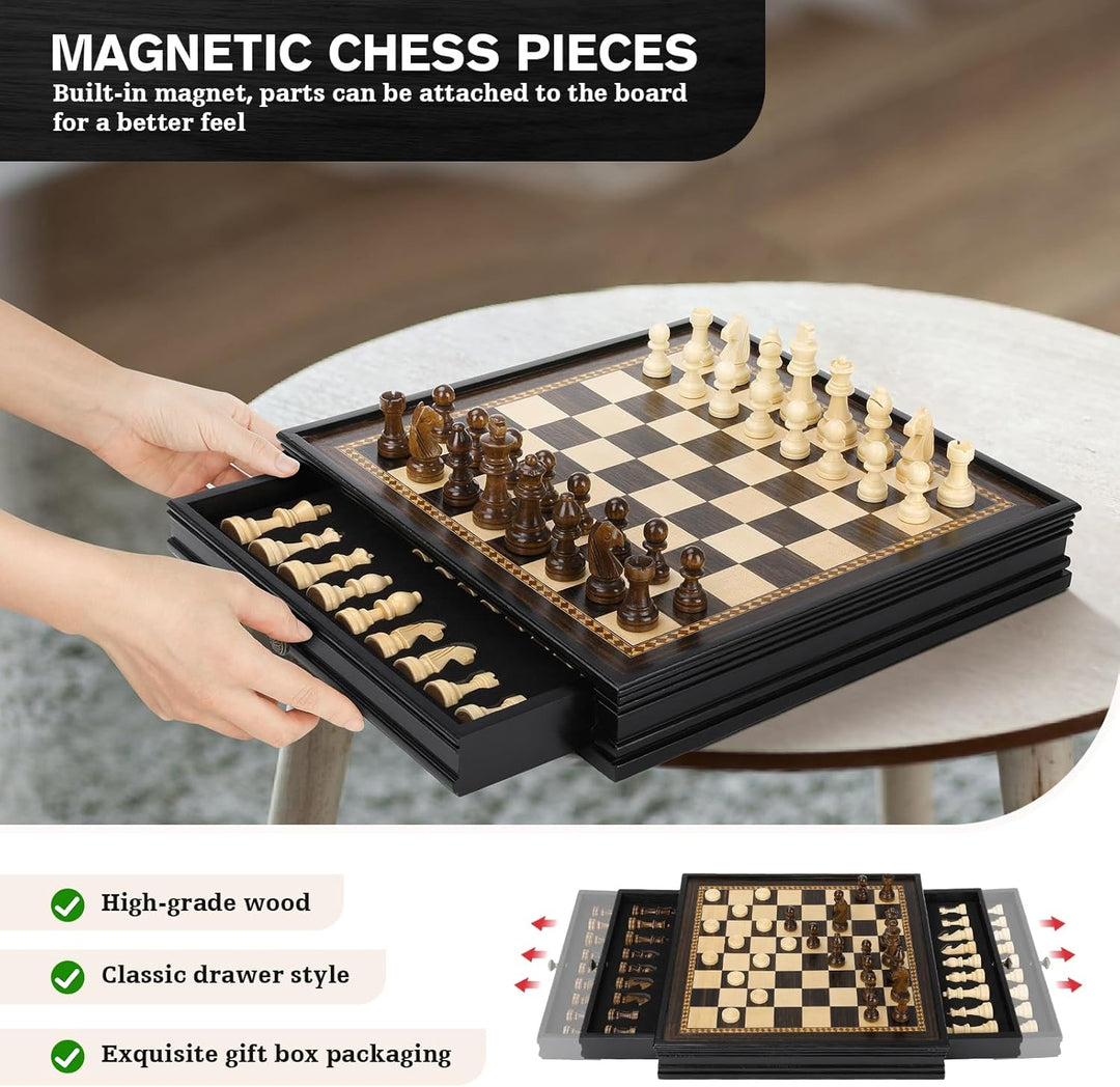 Peradix 2 in 1 Magnetisch Schachspiel mit Dame Spiel aus Holz, 32CM/12.6IN Schachbrett mit Lagerschu