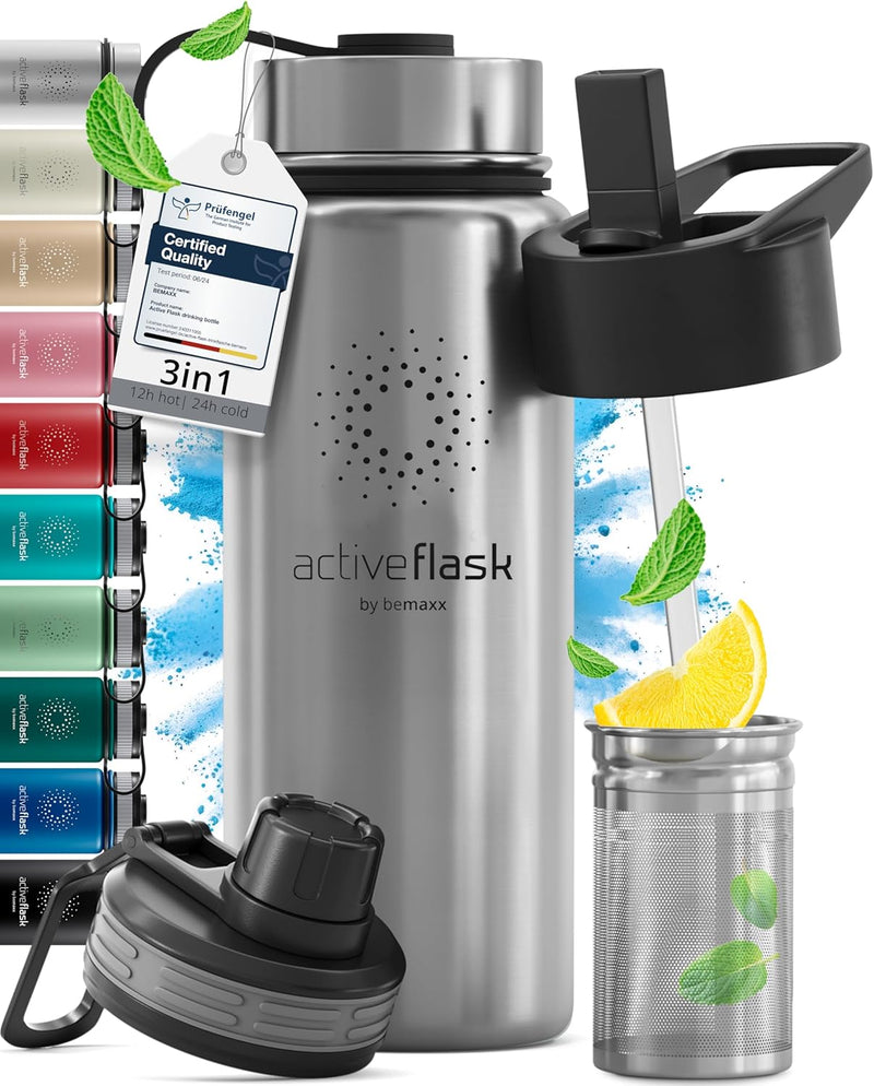 Trinkflasche Edelstahl ACTIVE FLASK + Strohhalm (3 Deckel) BPA-frei, Auslaufsicher, Kohlensäure geei