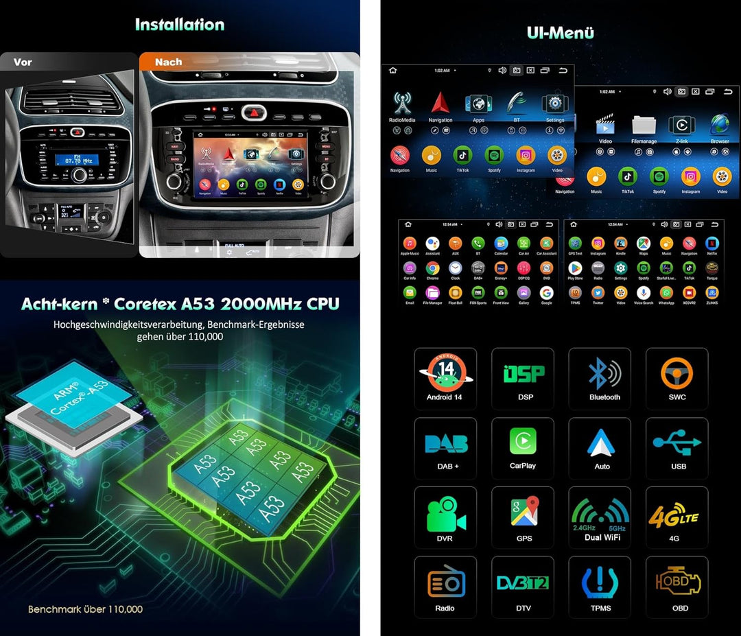 Erisin 8-Kern 4GB RAM 64GB ROM Android 14 Autoradio Bluetooth GPS Navigation für FIAT Grande Punto F