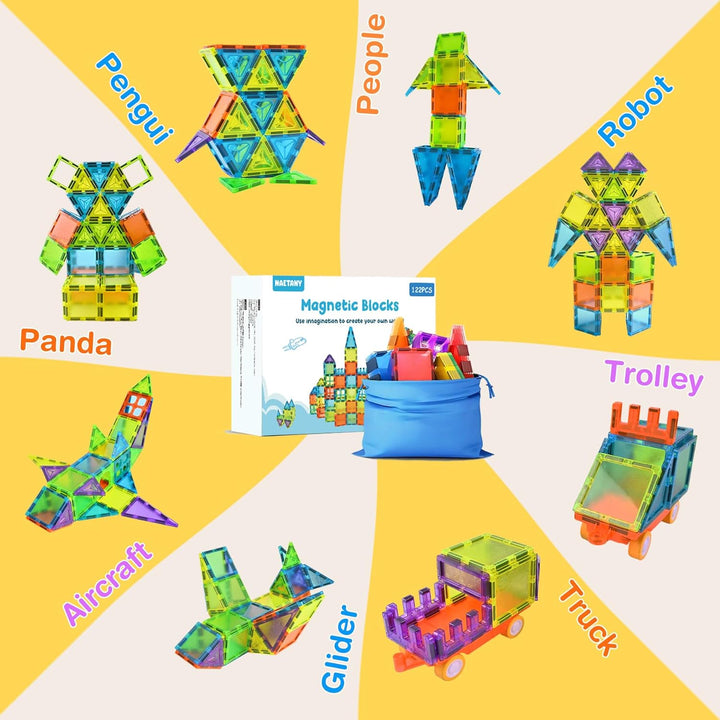 Magnetische Bausteine, 122 Teile Magnetbausteine STEM Magnet Spielzeug Kinder, Magnet Bausteine für