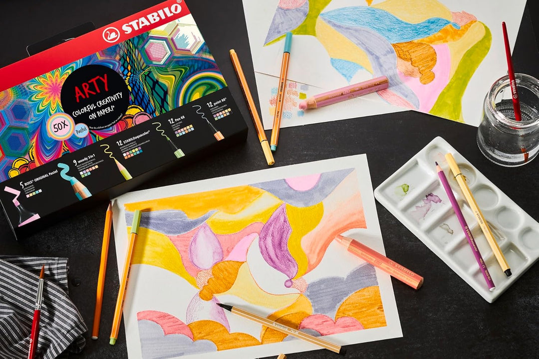 Stifte-Set - STABILO ARTY Creative Set Pastel - 50er Pack - Textmarker, Multitalentstifte, Aquarell-