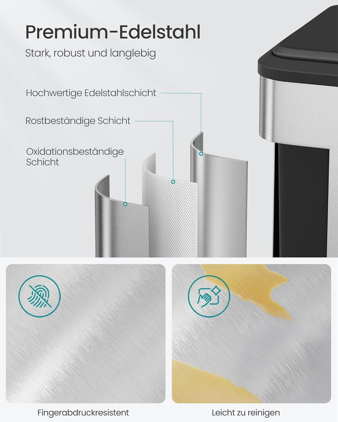 SONGMICS Mülleimer Küche, Mülltrennsystem 2 x 30 L, 2 Fächer für Recycling und Restmüll, Abfalleimer