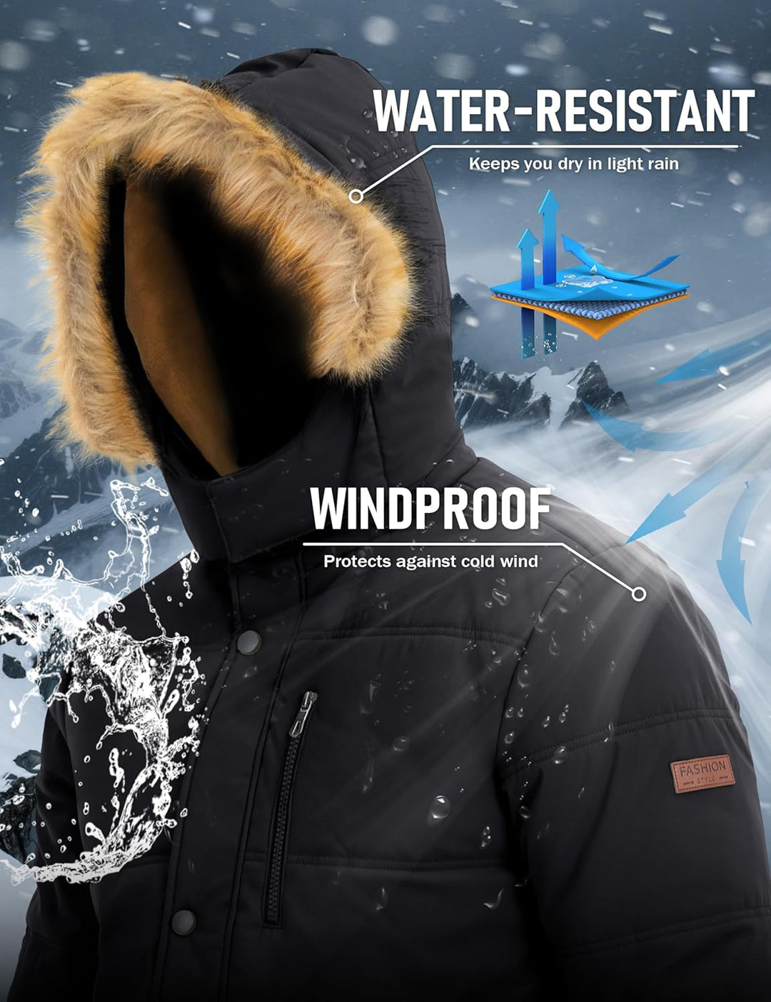 MAGCOMSEN Herren Winter Parka Jacke Winddicht Outdoor Warme Fleecejacke Freizeit Übergangsjacke Wass
