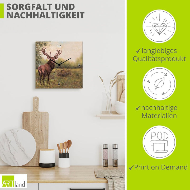 ARTLAND Wanduhr ohne Tickgeräusche Alu Funkuhr 30x30 cm Quadratisch Lautlos Hirsch Tiere Wald Rustik