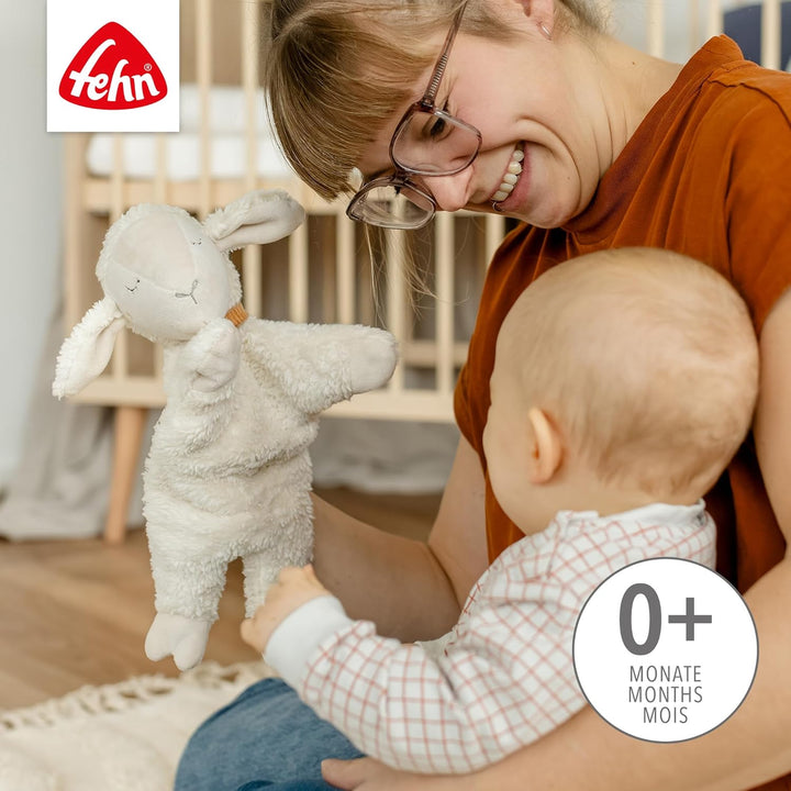 Fehn Handpuppe Schaf NATUR – Spielkamerad, Einschlafhilfe, Handpuppe & Stofftier-Schnuffeltuch mit B