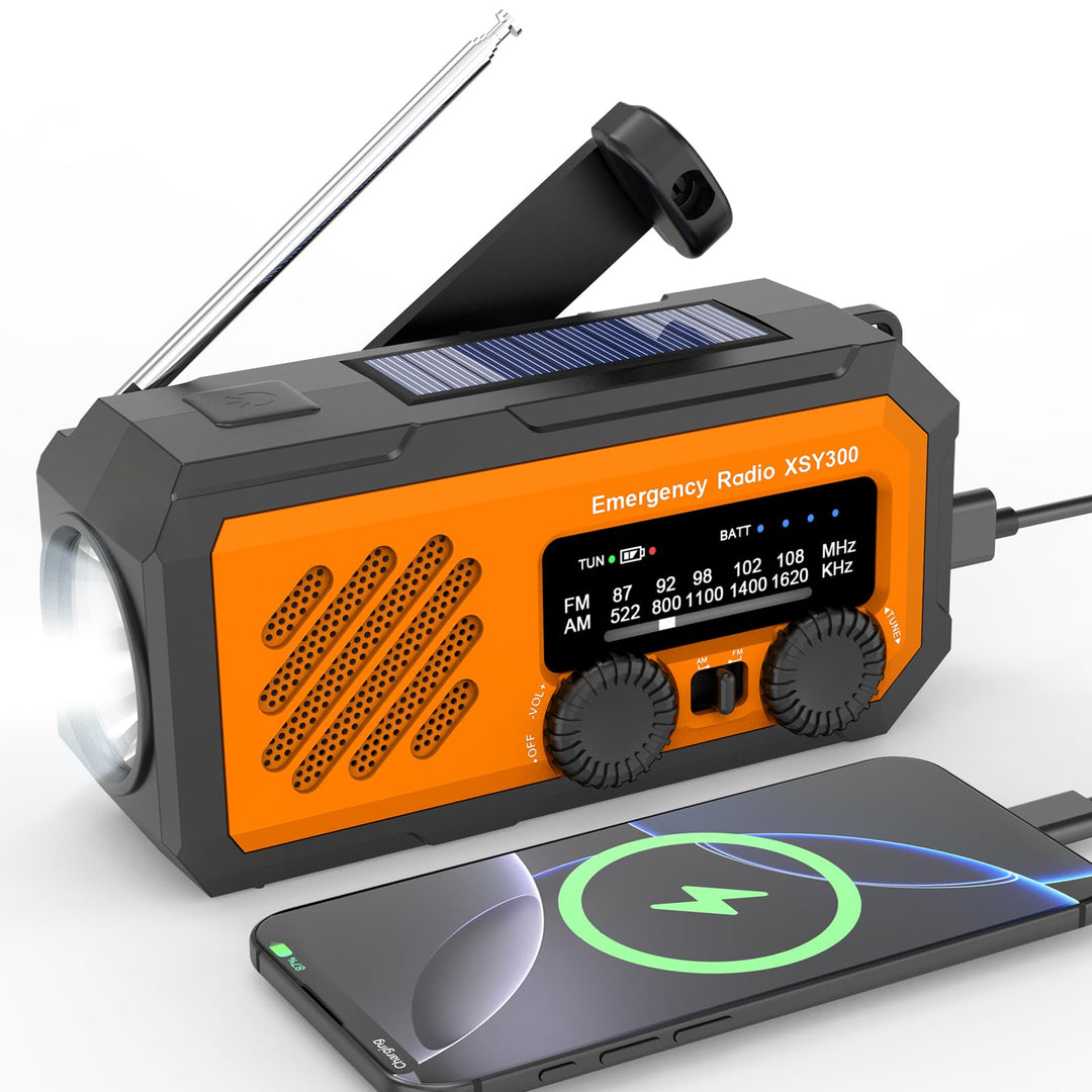 Notfallradio 2000mAh tragbar: AM/FM/Solar & Handgenerator, LED-Taschenlampe, Wetterband, Powerbank-F