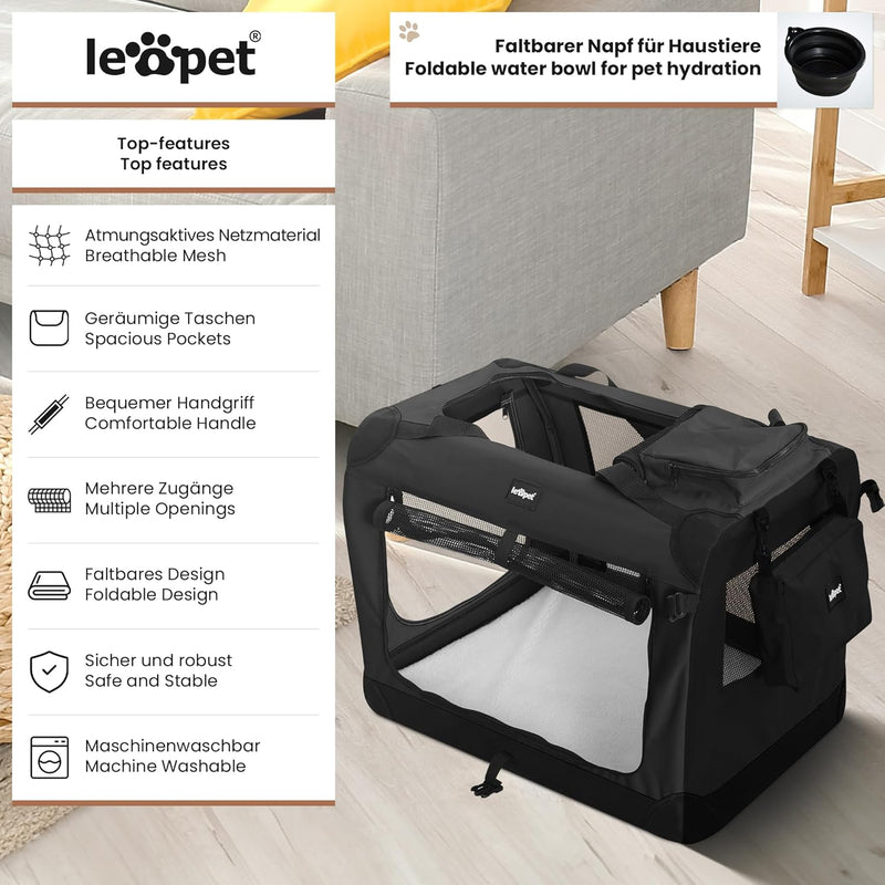 Leopet® Hundebox - Faltbar, Grosse/Kleine Hunde, Stoff, mit Napf, für Zuhause, Auto - Transportbox,