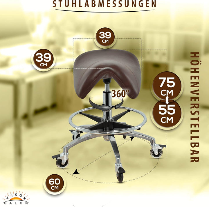 Premium Sattelhocker braun mit Bremse, Sattelstuhl für Rückenentlastung, Rollhocker höhenverstellbar