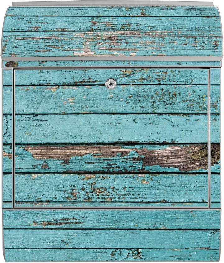 banjado® Design Briefkasten mit Motiv Blaue Holzlatten 39x47x14cm &amp; 2 Schlüssel - Briefkasten Stahl