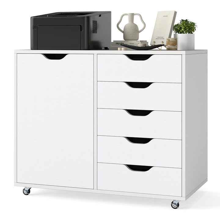 GIANTEX Rollcontainer mit 5 Schubladen &amp; Schrank, Aktenschrank mit Rollen, Schubladenschrank Holz un