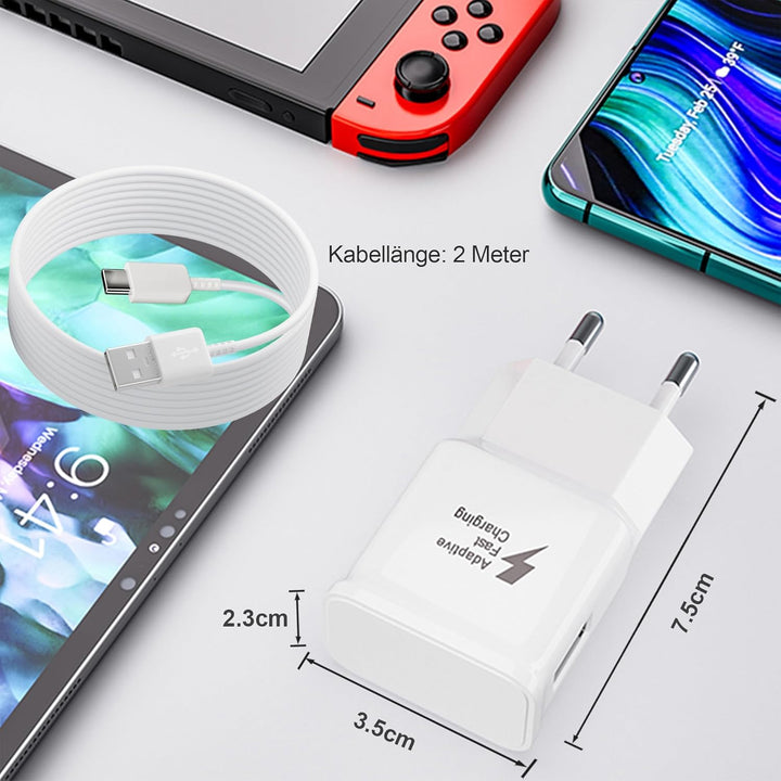 2er-Pack Ladegerät mit 2m Ladekabel USB Typ-C für Samsung Galaxy S21 S20 S10 S9 S8 A13 A14 A15 A20 A
