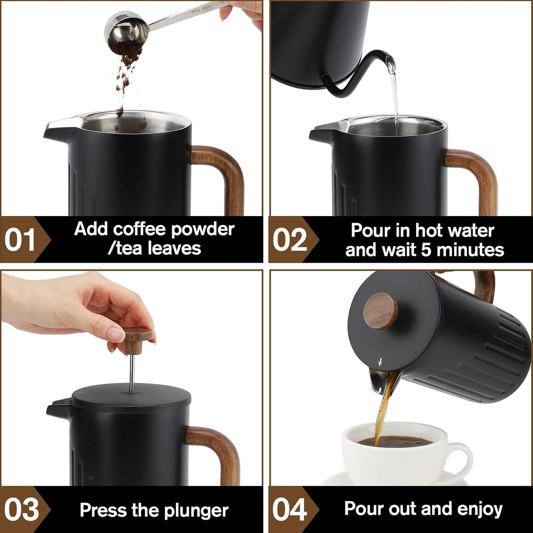 Rorence French Press 1L Edelstahl doppelwandig isoliert – Kaffeebereiter mit Holzgriff & Edelstahl-F