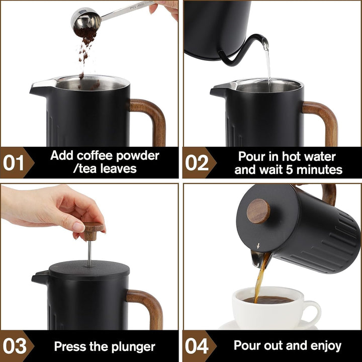 Rorence French Press 1L Edelstahl doppelwandig isoliert – Kaffeebereiter mit Holzgriff & Edelstahl-F