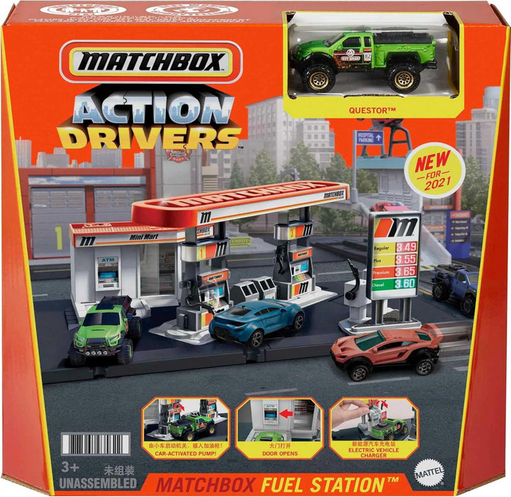 Matchbox GVY84 - Tankstellen Spielset mit 1 Fahrzeug im Massstab 1:64 und interaktiven Zapfsäulen, m