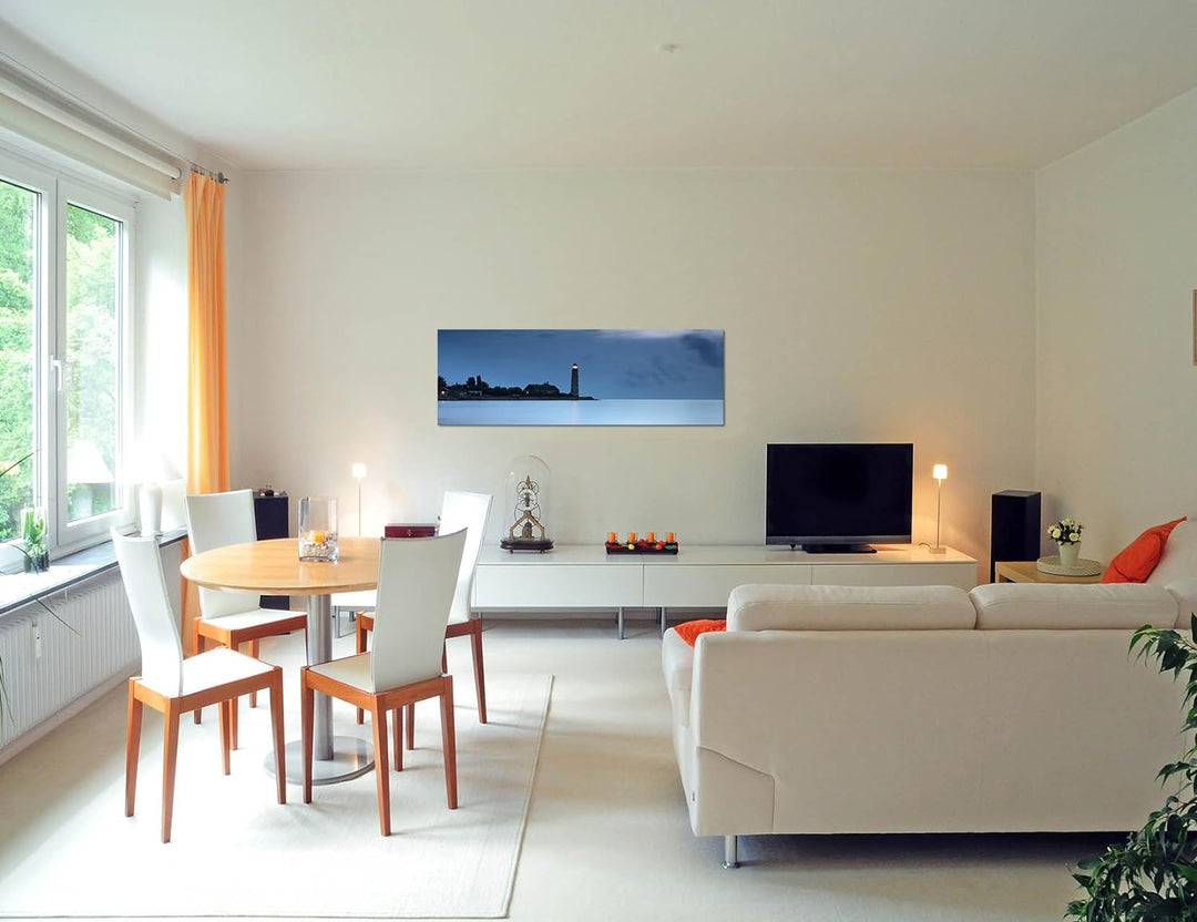 Paul Sinus Art Panoramabild auf Leinwand und Keilrahmen 120x40cm Meer Leuchtturm Nacht Nebel Steine