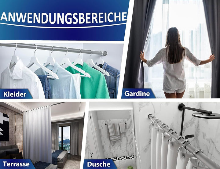 Gardinenstange ohne Bohren 360-410cm, Grau, Ø 32 mm, Teleskopstange Balkon - Vorhangstange Klemmstan
