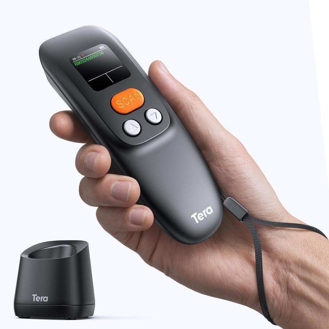 Tera Tragbar Barcode Scanner Mini: 1D 2D QR 1200mAh Akku mit Taste 1.4" Display & Ladestation Handhe