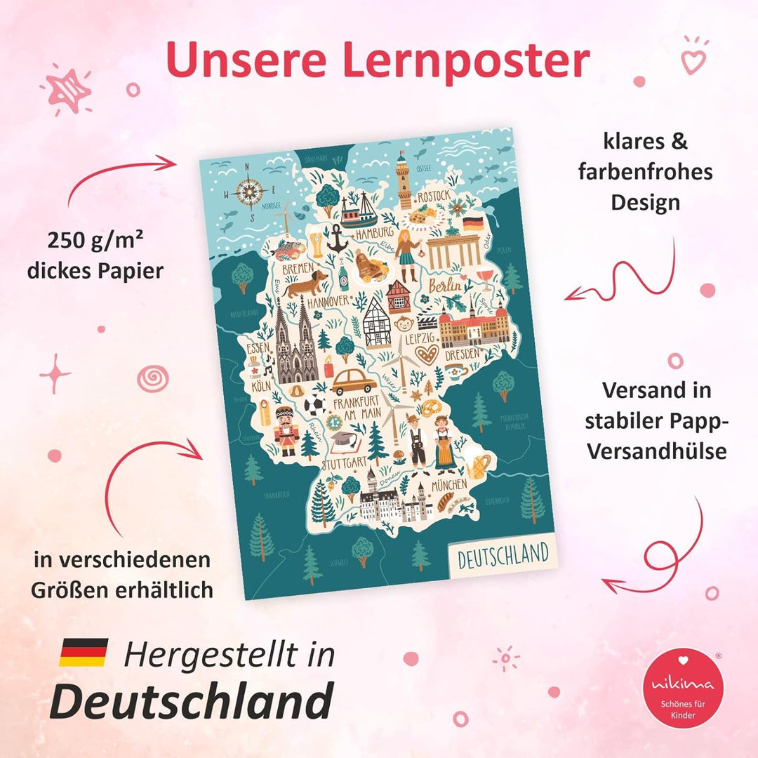 Kinder Lernposter - Deutschland Sehenswürdigkeiten - Wanddeko Kinderzimmer Wandbild Poster Plakat Ju