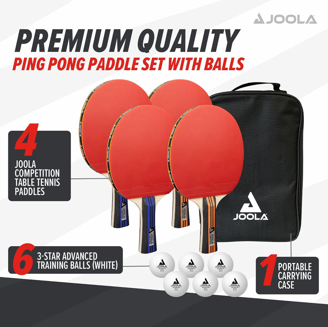 JOOLA Tischtennis-Set Family, Tischtennis-Set mit 4 Tischtennisschlägern, Tischtennisbällen und Trag
