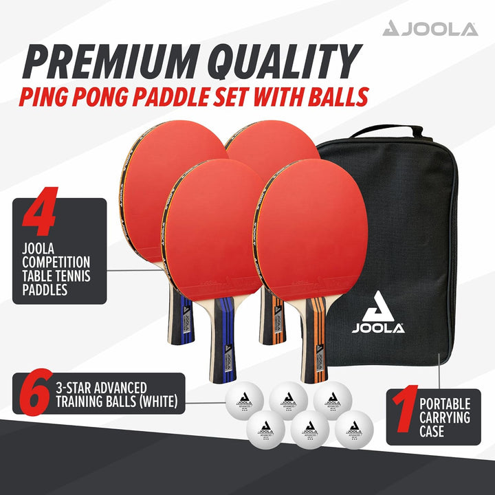 JOOLA Tischtennis-Set Family, Tischtennis-Set mit 4 Tischtennisschlägern, Tischtennisbällen und Trag
