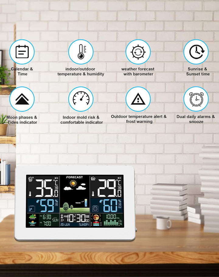 Wetterstation Funk mit Aussensensor, Farbdisplay, Wettervorhersage, Temperatur, Luftfeuchtigkeit, We
