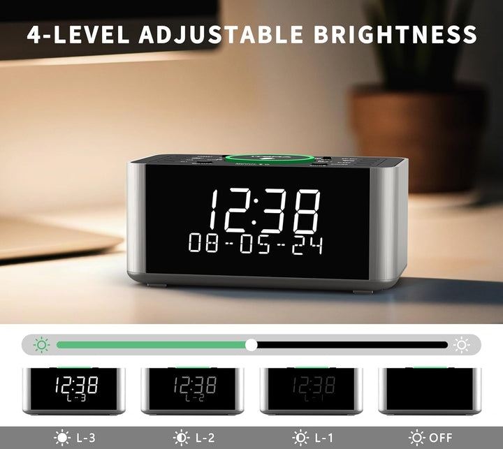 Wireless Charging Wecker mit DAB, DAB+/FM Radio, 40 Preset Stationen, Dual Alarms, Snooze, Dimmbare