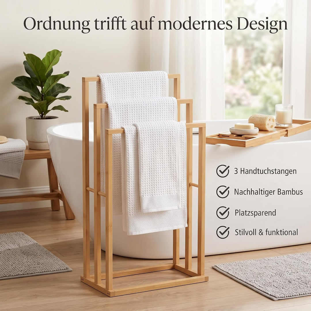hausleben® TT10804 Handtuchhalter aus Bambus – 3 Handtuchstangen | Freistehender Handtuchständer 42×