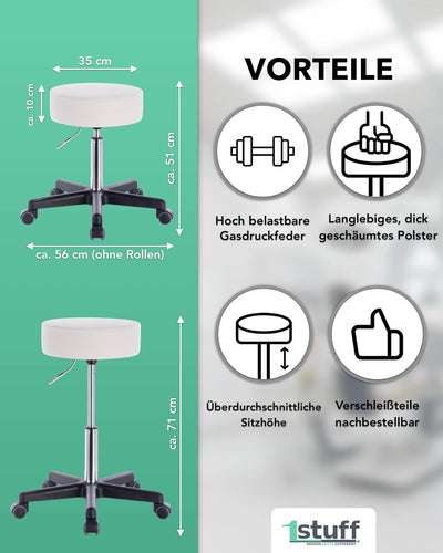 1stuff® Profi Rollhocker Drehhocker Squash - Sitzhöhe ca. 51-71cm - Arzthocker Arbeitshocker Bürohoc