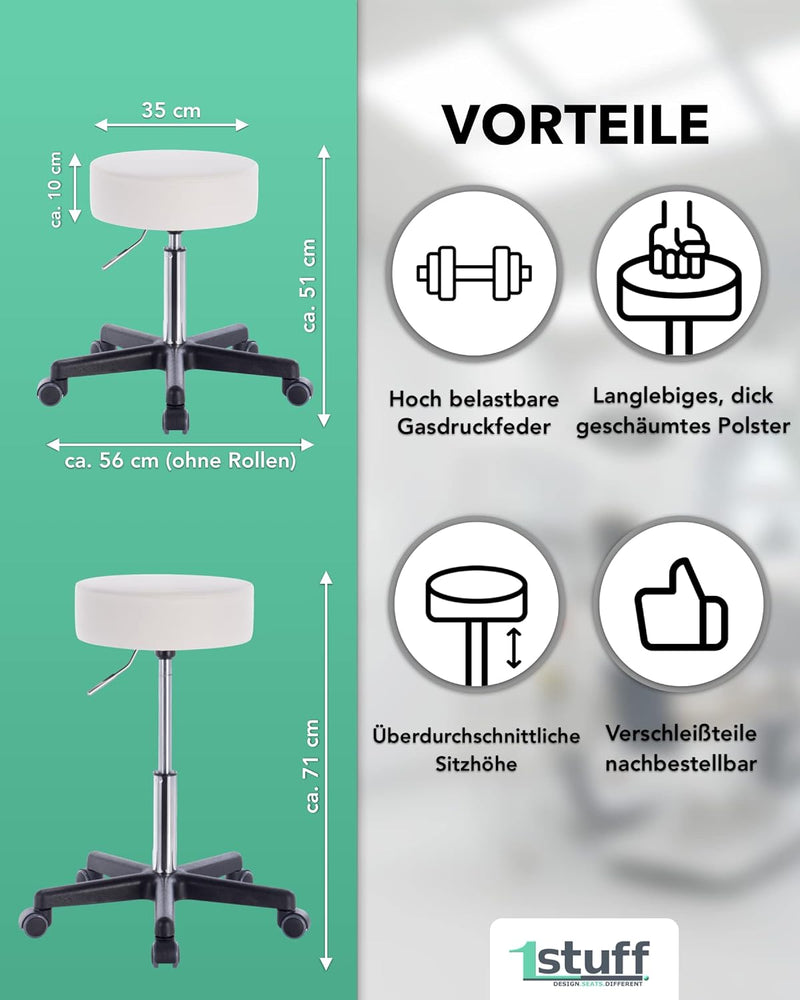 1stuff Profi Rollhocker Squash 35 - ca. 51-71 cm Sitzhöhe - Bürohocker höhenverstellbar mit hoher Be