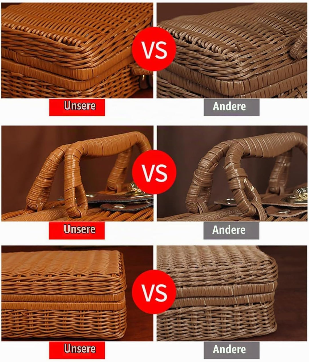 Geflochtener Rattan-Koffer Aufbewahrungskorb mit Griff, Gewebte Picknickbox, Handgewebt, mit Metalls