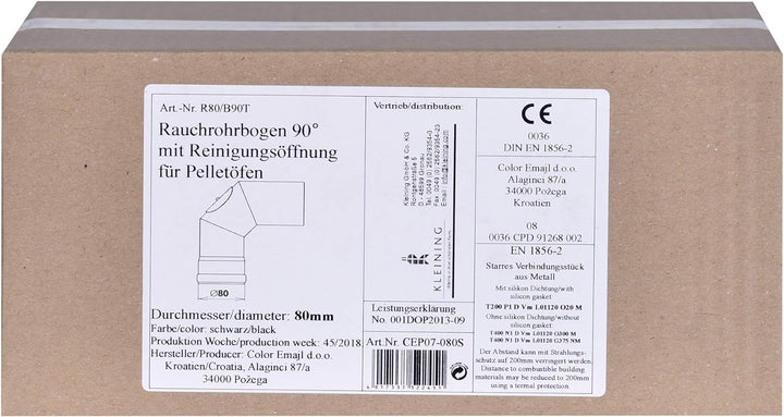 FIREFIX R80/B90T Pelletofenrohr-Bogen aus 1,2 mm starken Stahl in 80 mm Durchmesser, für Pelletöfen