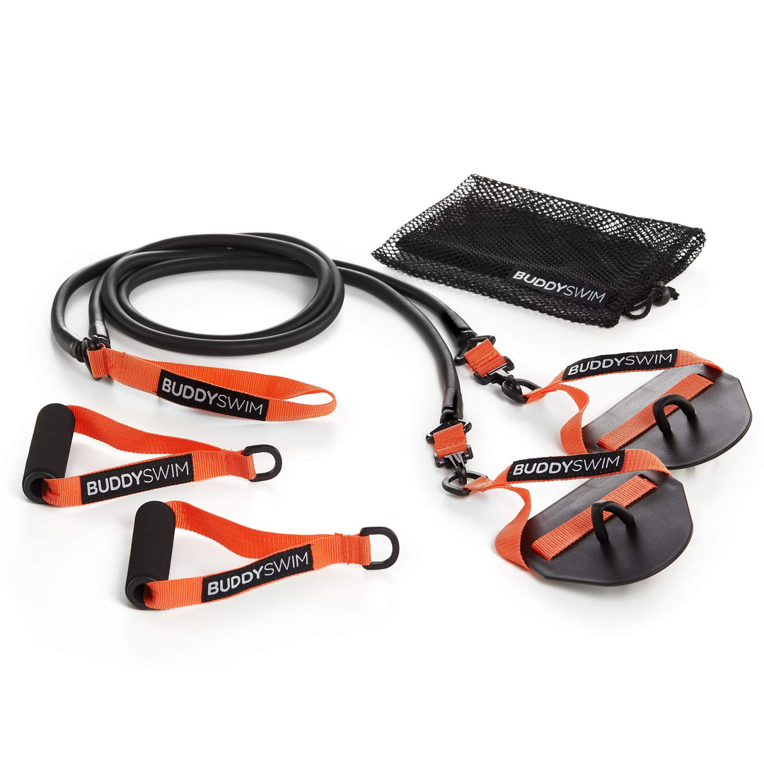 Buddyswim Super Stroke Dryland Cords Widerstandsgummis mit austauschbaren Griffen und Paddles. Elast