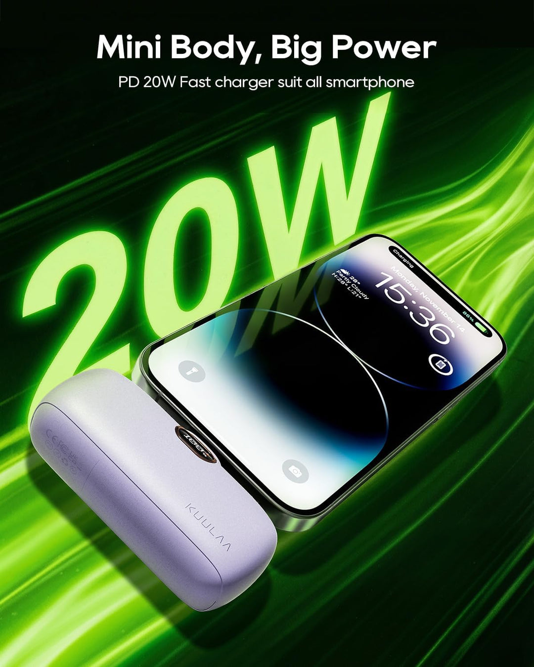 Kuulaa Mini Powerbank 5000mAh, Klein Power Bank USB C 20W PD Externer Akku, Compact LED Digitalanzei