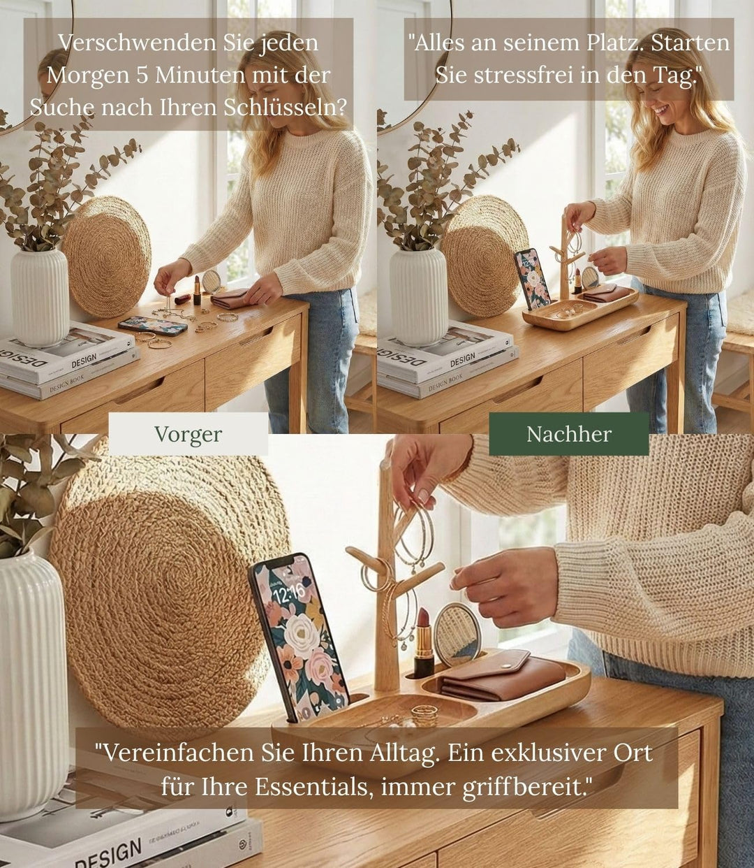 Schlüsselschale und Taschenleerer Holz mit 2 Fächern für Münzen, Uhren... Schlüsselkorb - Handyhalte
