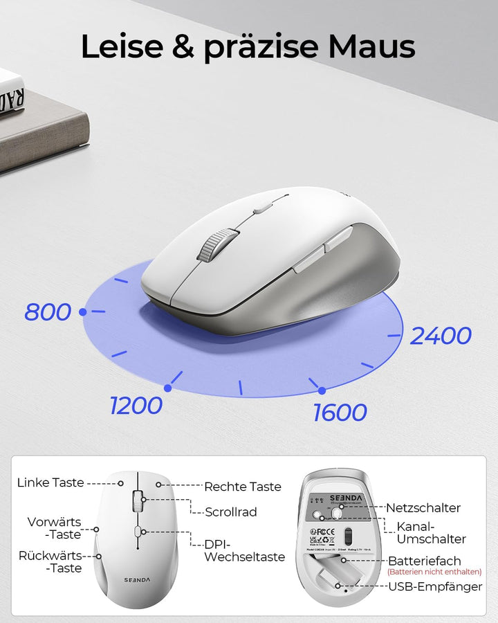 Seenda COE300 Tastatur Maus Set Kabellos, Dual-Bluetooth + 2,4 GHz USB, Ultra-Dünne Funktastatur für