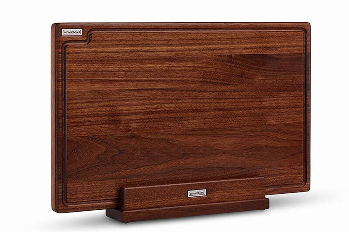 Schneidboard Nussbaum S+ Inkl. Halter - Design Schneidebrett Aus Holz mit Saftrillle und passendem H