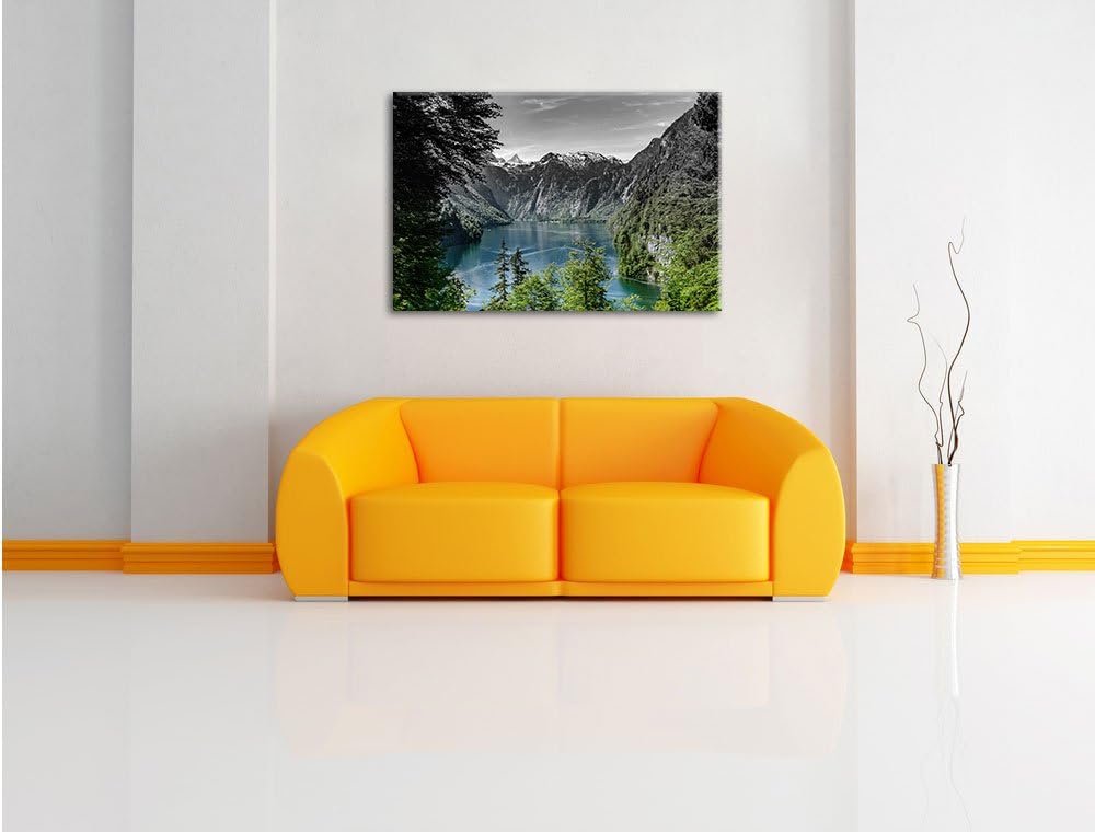 Pixxprint Blick auf den Königssee / 100x70cm Leinwandbild bespannt auf Holzrahmen/Wandbild Kunstdruc