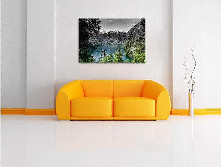 Pixxprint Blick auf den Königssee / 100x70cm Leinwandbild bespannt auf Holzrahmen/Wandbild Kunstdruc