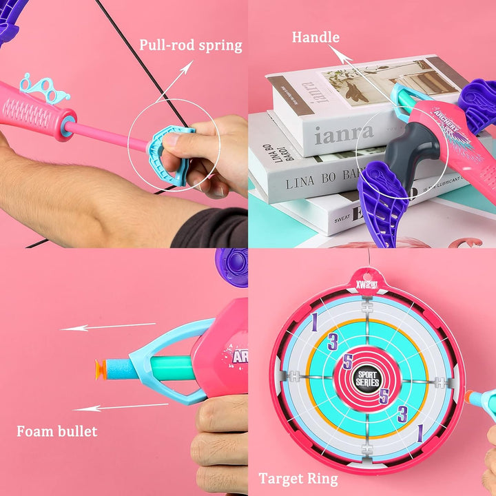 Bogen und Pfeil Set für Kinder Spielzeug, Bogenschiessen Set 5 Schaumstoff-Darts mit Saugnapf, Zielü